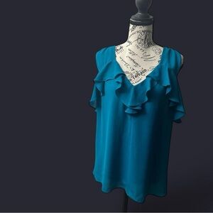 Express Teal Blue Sleeveless Flowy Blouse with Ruffle Accent.